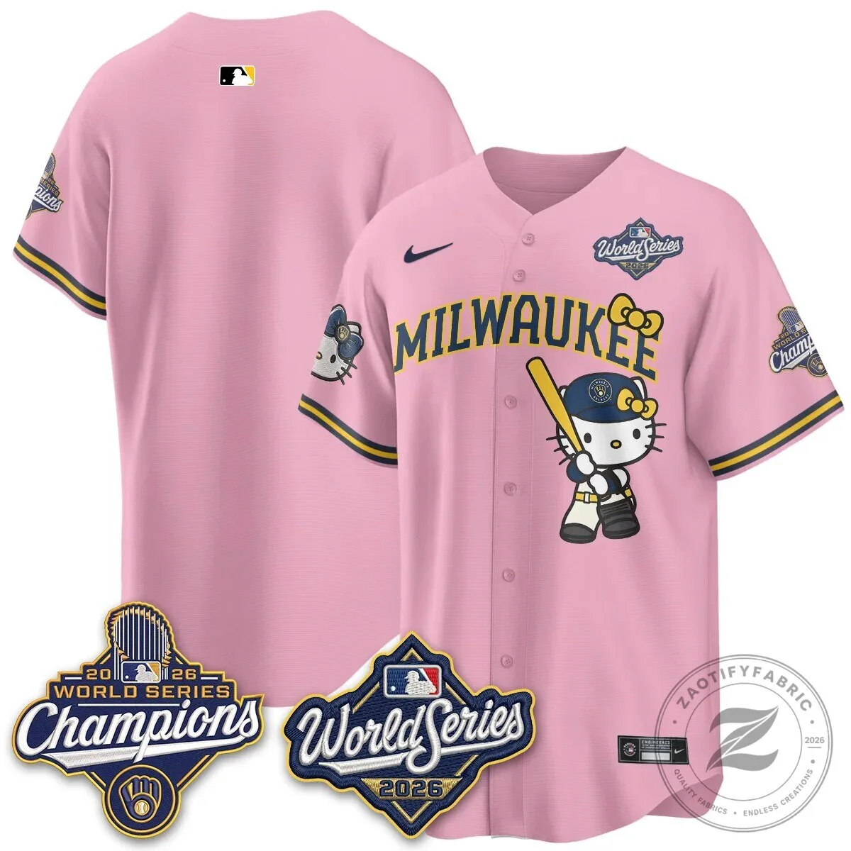 2026 World Series Champions Baseball Jersey in Pink with Hello Kitty for Milwaukee Brewers 110 2026 World Series Champions Baseball Jersey in Pink with Hello Kitty for Milwaukee Brewers