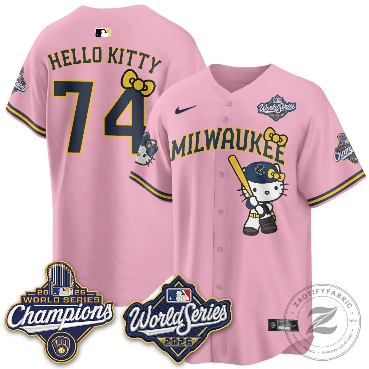 2026 World Series Champions Baseball Jersey in Pink with Hello Kitty for Milwaukee Brewers 111 2026 World Series Champions Baseball Jersey in Pink with Hello Kitty for Milwaukee Brewers