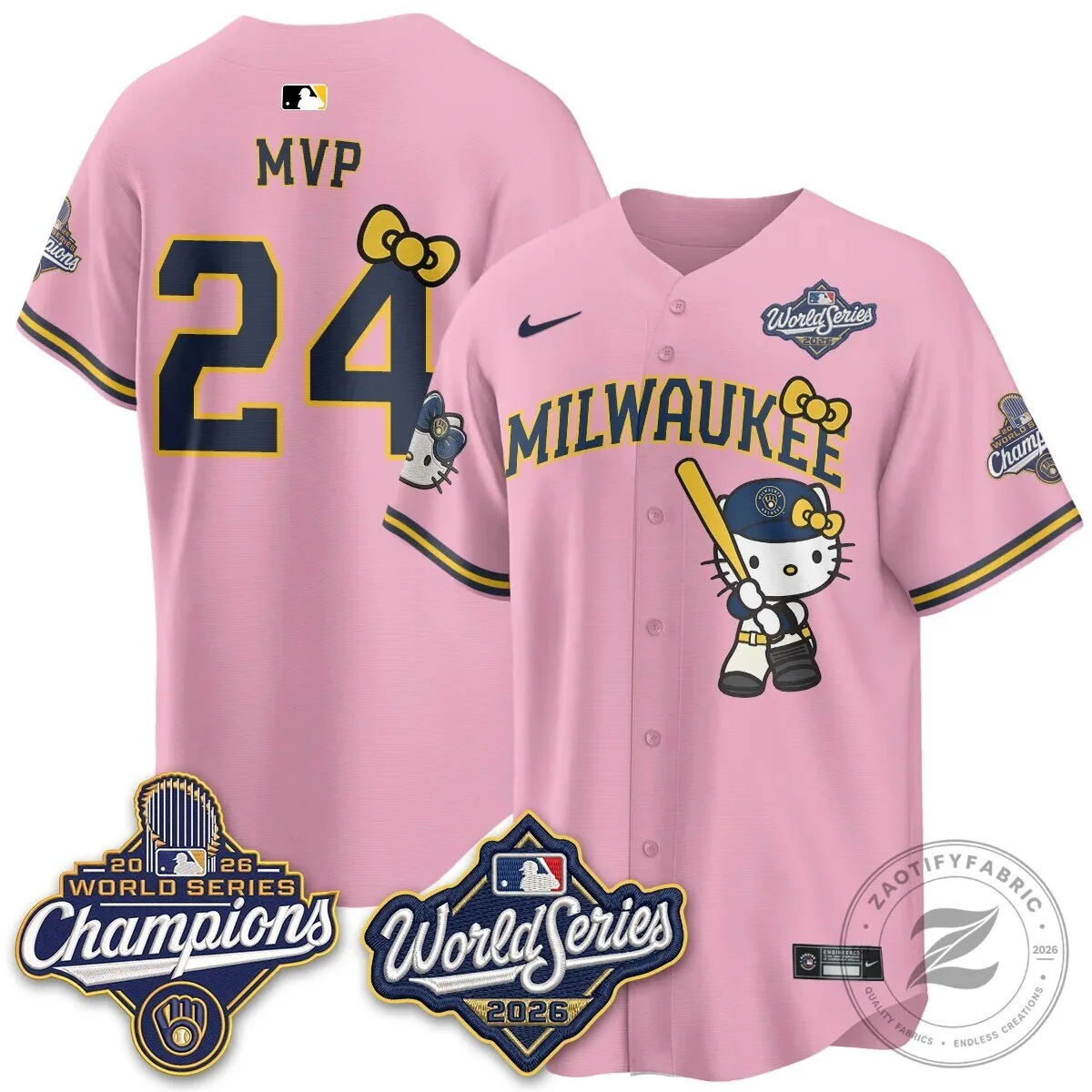 2026 World Series Champions Baseball Jersey in Pink with Hello Kitty for Milwaukee Brewers 112 2026 World Series Champions Baseball Jersey in Pink with Hello Kitty for Milwaukee Brewers