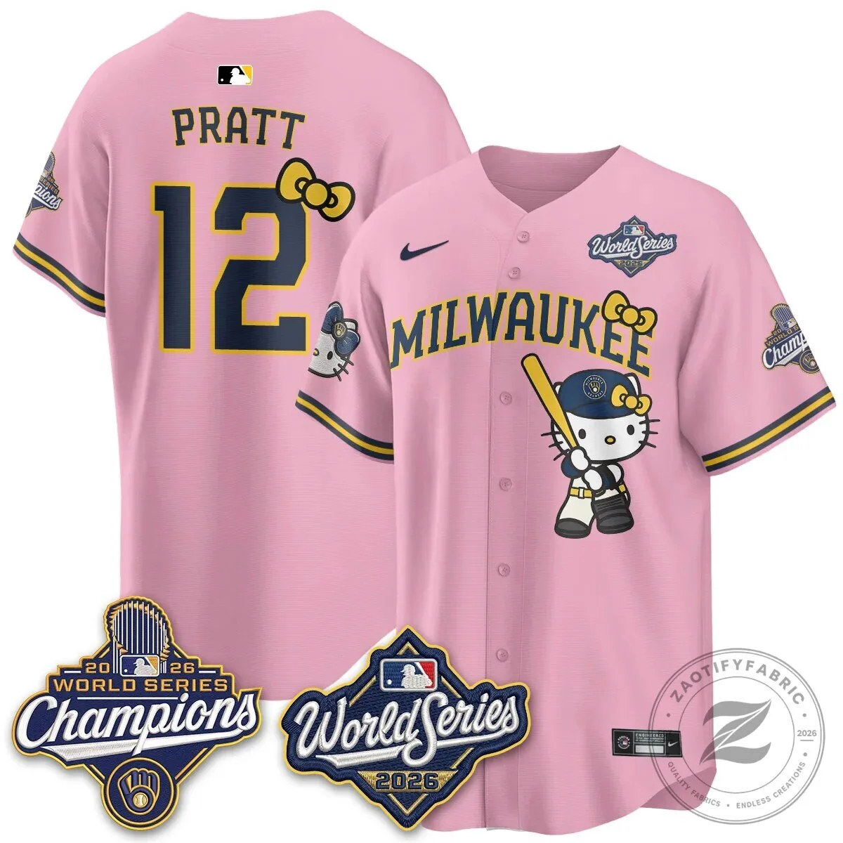 2026 World Series Champions Baseball Jersey in Pink with Hello Kitty for Milwaukee Brewers 113 2026 World Series Champions Baseball Jersey in Pink with Hello Kitty for Milwaukee Brewers