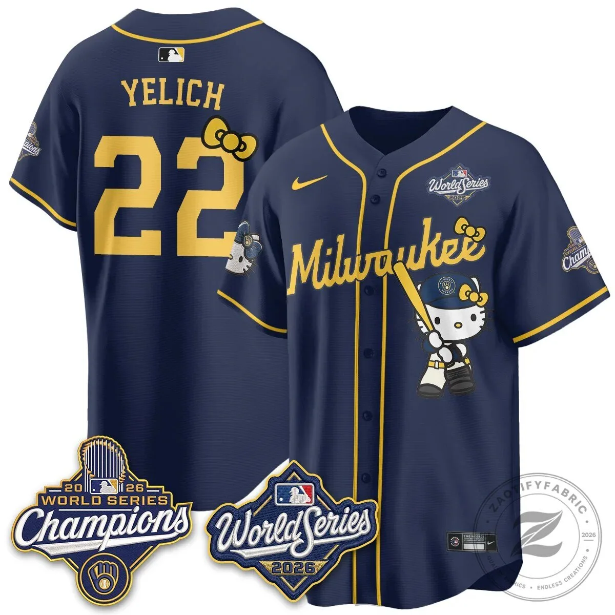 2026 World Series Champions Baseball Jersey in Pink with Hello Kitty for Milwaukee Brewers 150 2026 World Series Champions Baseball Jersey in Pink with Hello Kitty for Milwaukee Brewers