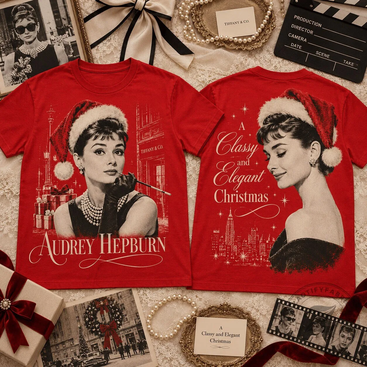 Audrey Hepburn Classy and Elegant Christmas Red T-Shirt for Vintage Fashion Lovers